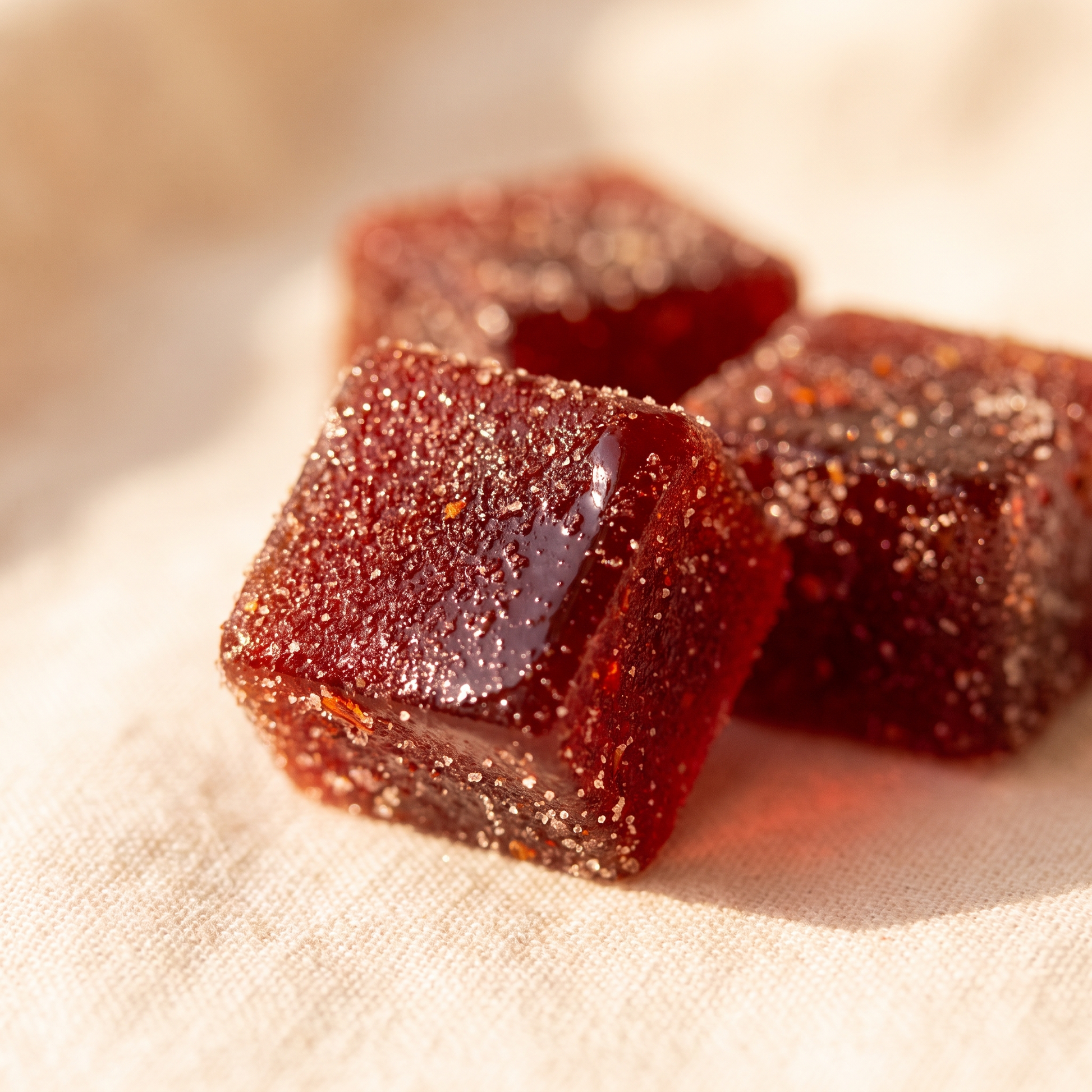 Deep-red sugar-dusted Prelude gummy cubes