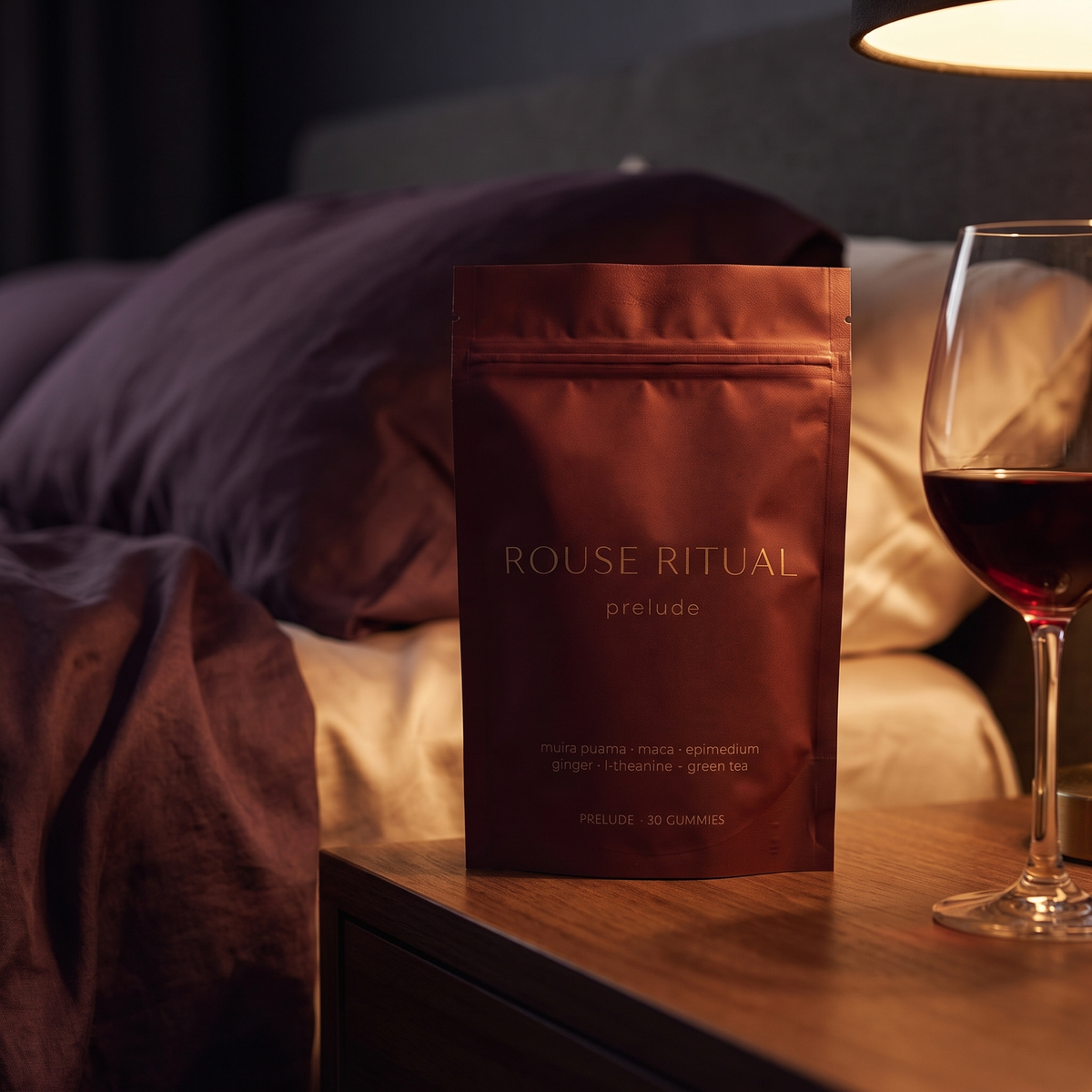 The Prelude pouch resting on a nightstand